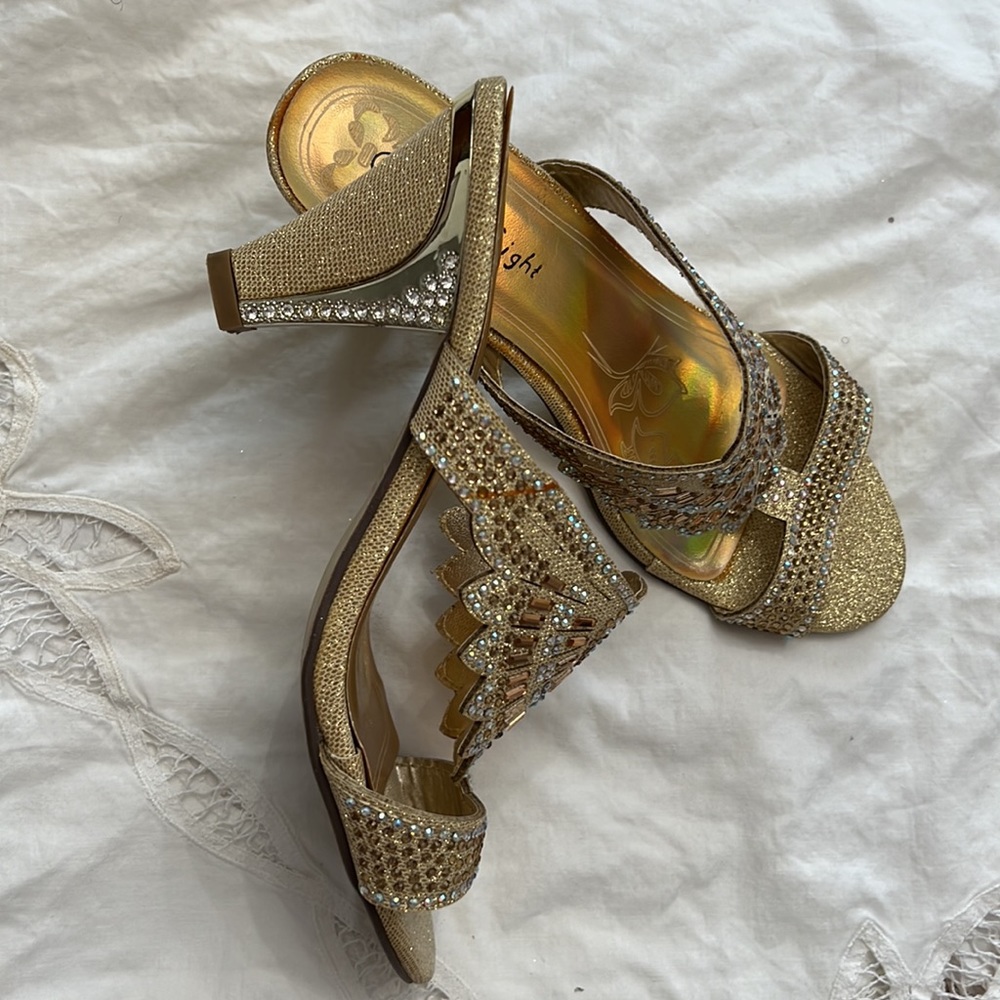 First Sight Gold Rhinestone Sandals - Picture 2 of 11